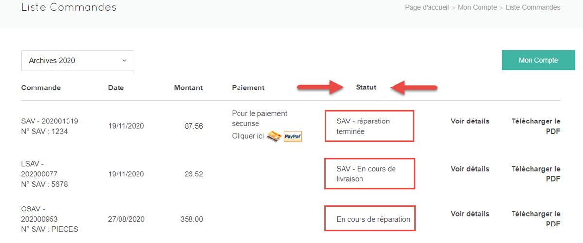 Historique de commande