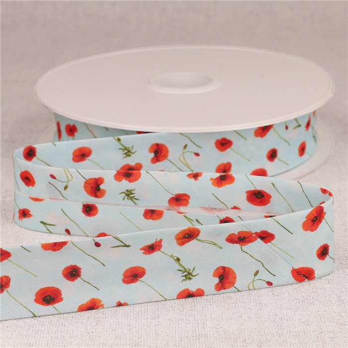 Biais coquelicots 100% coton 25mm bleu au mètre Biais coquelicots 100% coton 25mm bleu au mètre