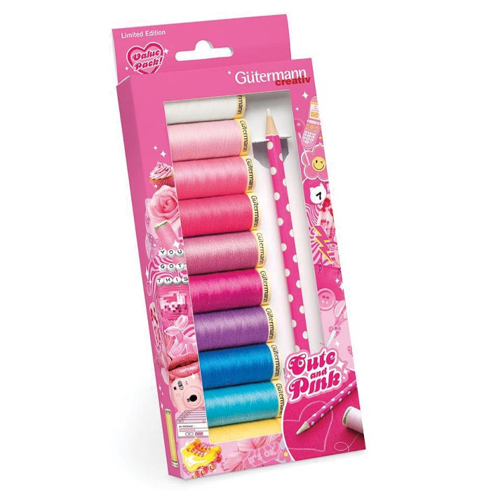 Set 10 fils à coudre Gutermann Cute and Pink avec crayon Set 10 fils à coudre Gutermann Cute and Pink avec crayon